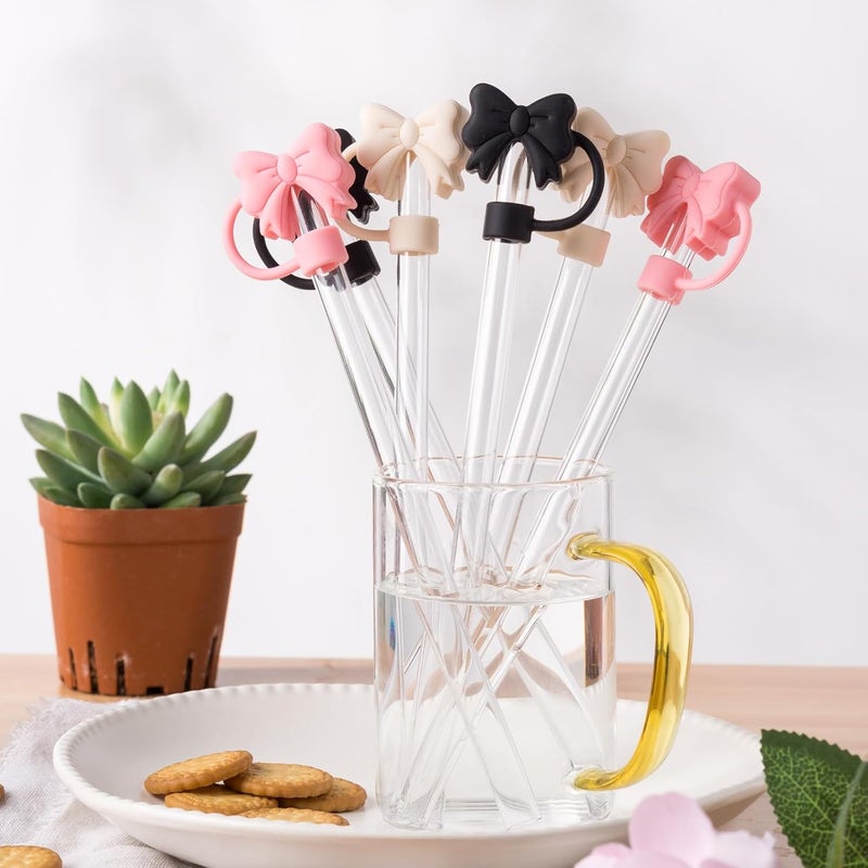 linmaya 6PCS Bow Straw Toppers, Cute Straws Covers for Stanley 30&40 Oz Tumbler with Handle, 10mm Dust-Proof Drinking Straw Dispensers Straw Topper Cap for Girls Kids (Black Bow) - Image 2